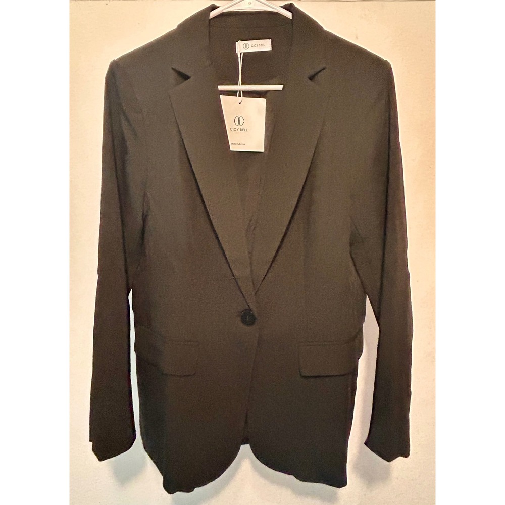 Cicy Bell Womens Casual Blazer Notch Lapel Single Button Jacket Black Large